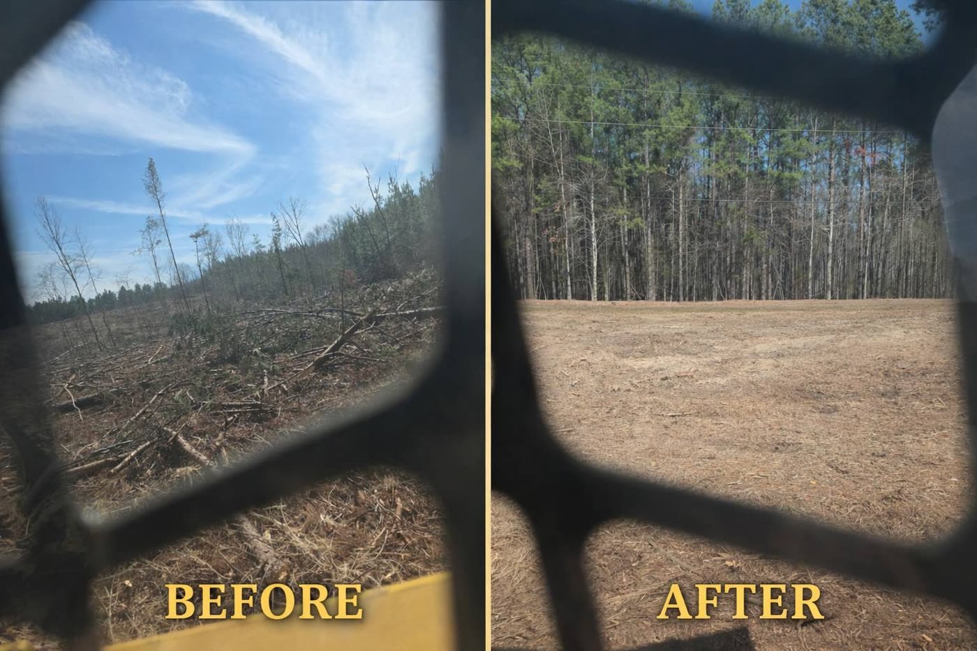 Before and after clearing from inside the mulcher cab