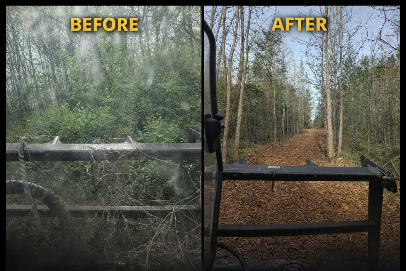 Dense brush transformed into a clean mulched trail
