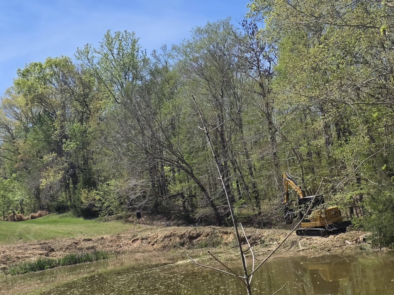 CAT excavator clearing by a pond